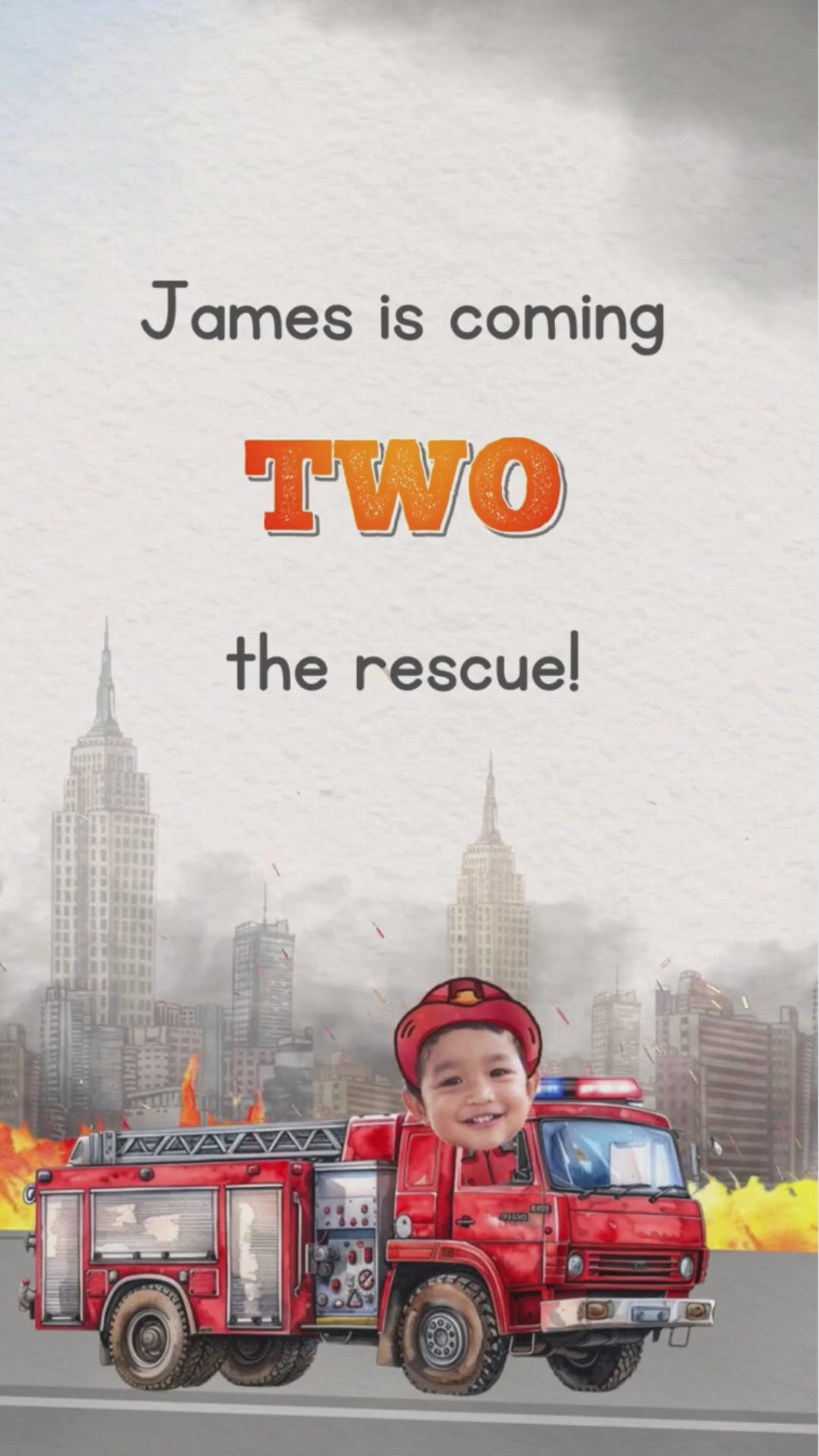 Personalized fire truck birthday invitation template featuring a bright red fire engine, sirens, and rescue gear for a boys firefighter party.