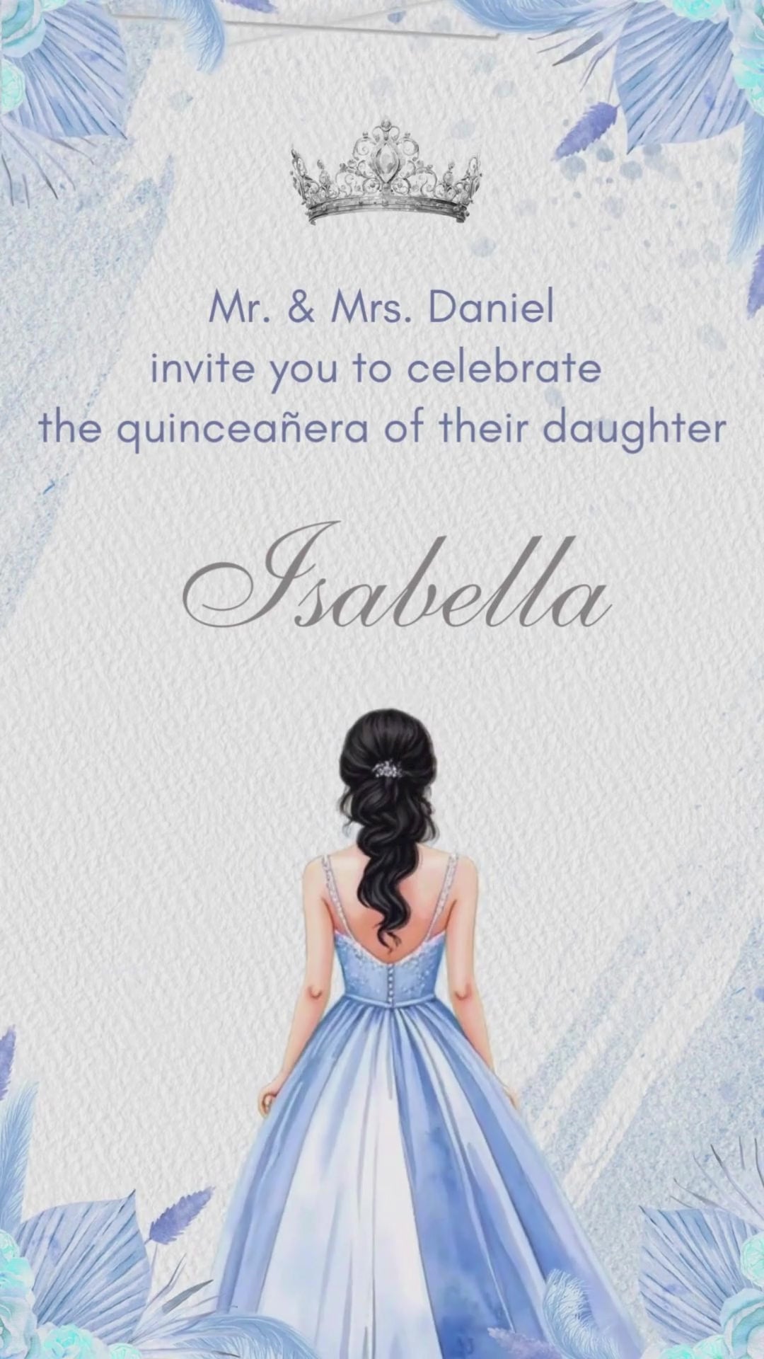  Dusty blue boho quinceañera video invitation with floral design
