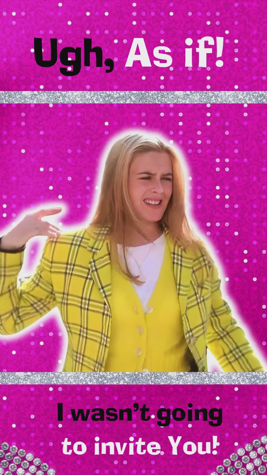 Clueless themed animated birthday video invitation with retro 90s style text and pink confetti graphics
