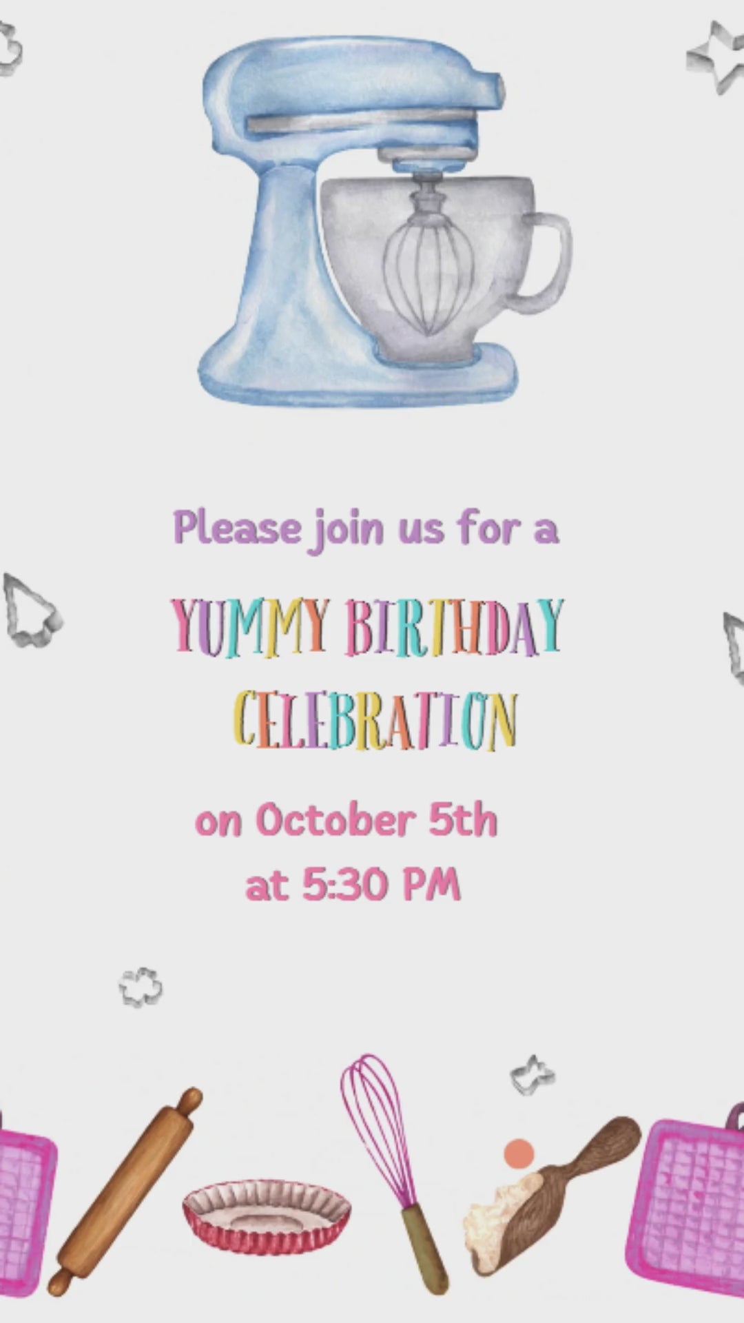 Animated cooking birthday video invitation with chef hat and cake design