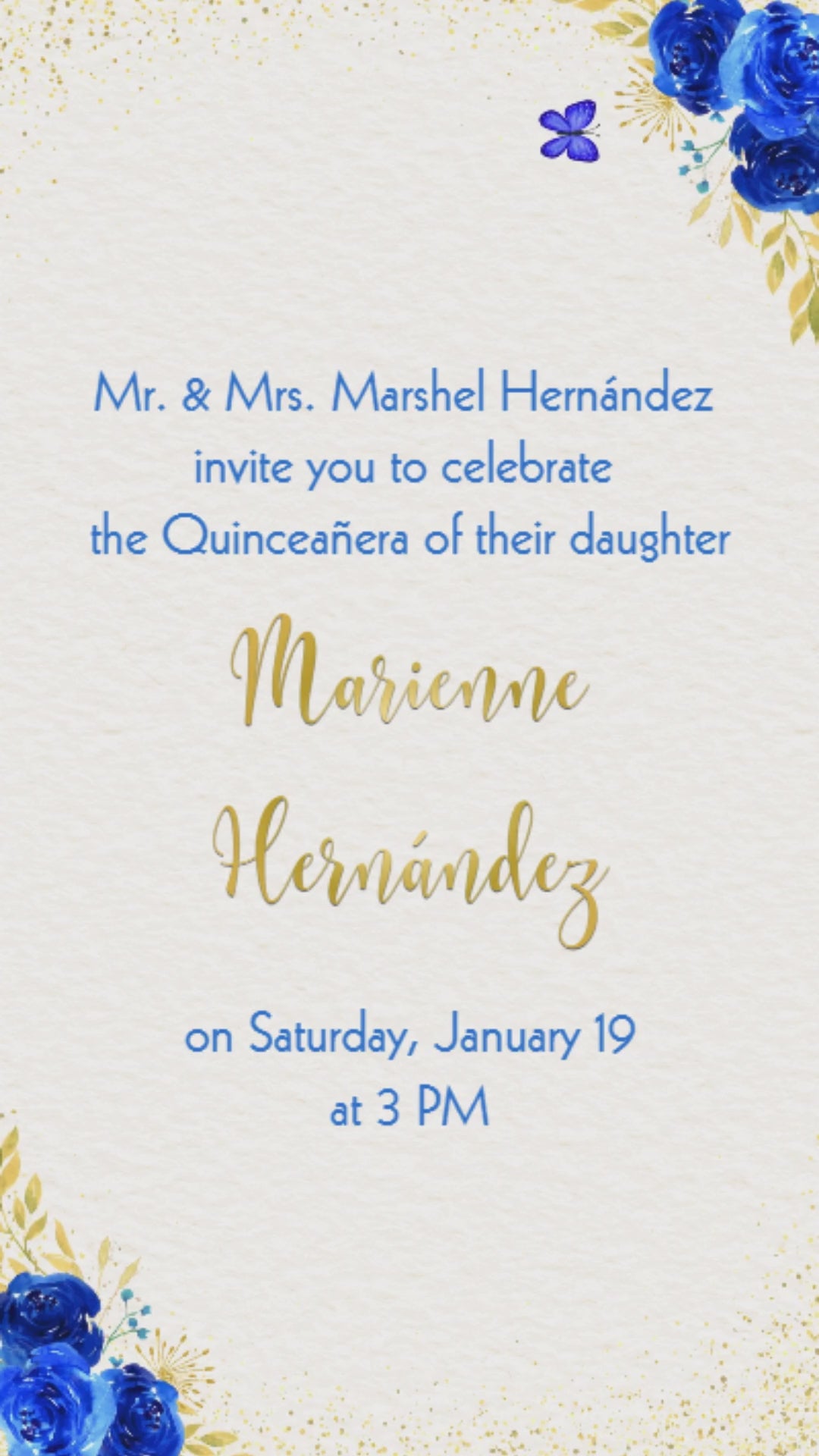 Royal blue and gold quinceañera video invitation with animated gold script and floral accents