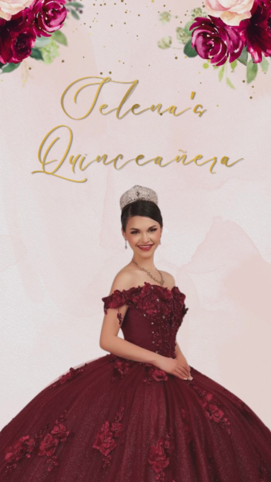 Blush and burgundy floral quinceañera video invitation preview