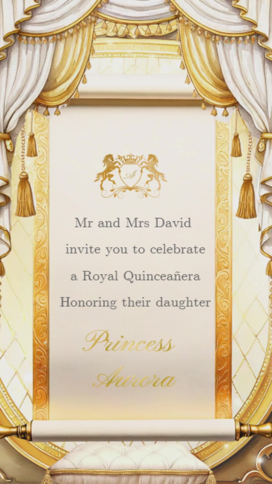 Royal quinceañera animated video invitation with gold crown and elegant purple theme