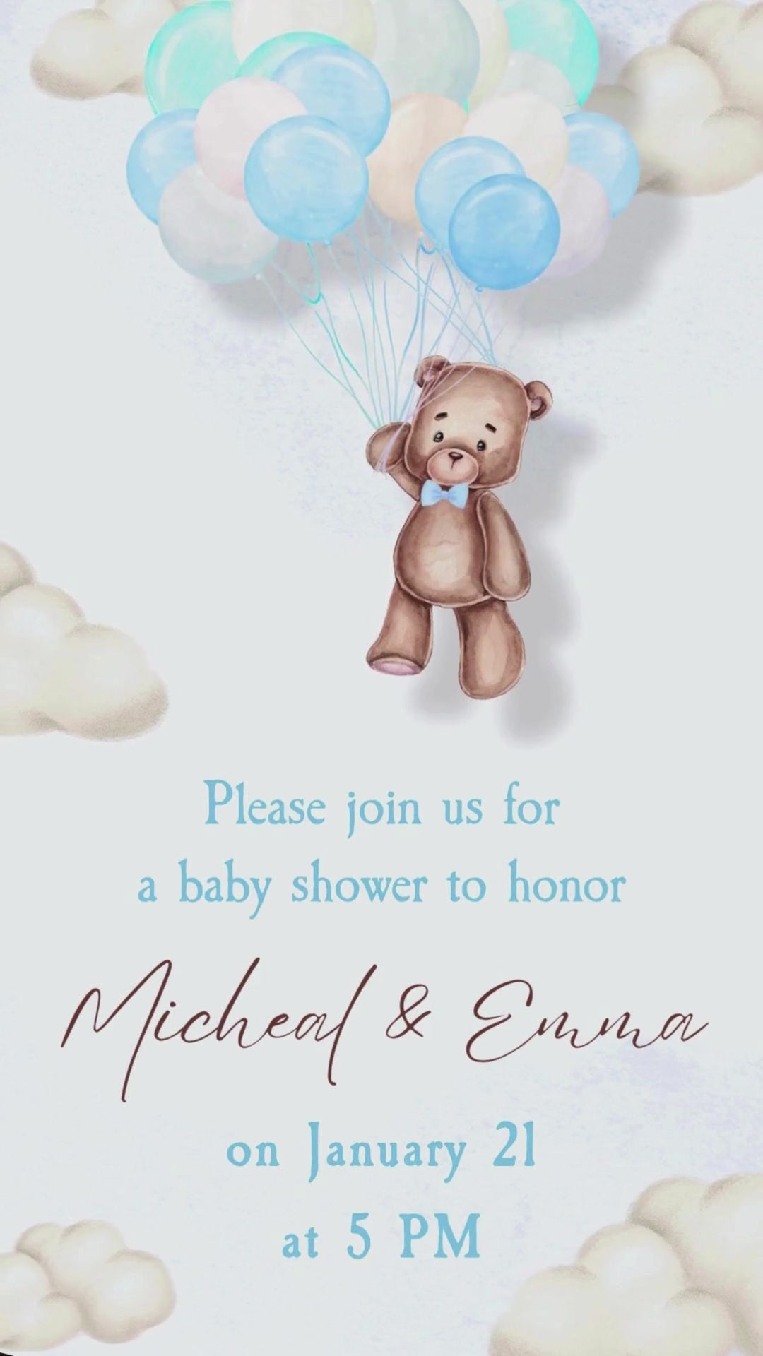 Teddy Bear Boy Baby Shower Video Invitation -  Bearly Bear Boy Baby Shower Digital Invite