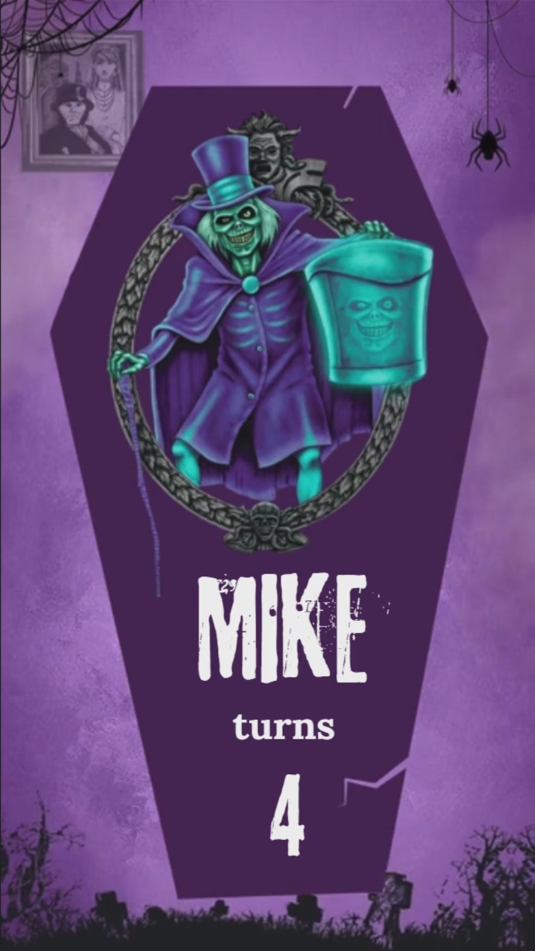 Haunted mansion birthday animated video invitation with spooky theme design and ghost graphics