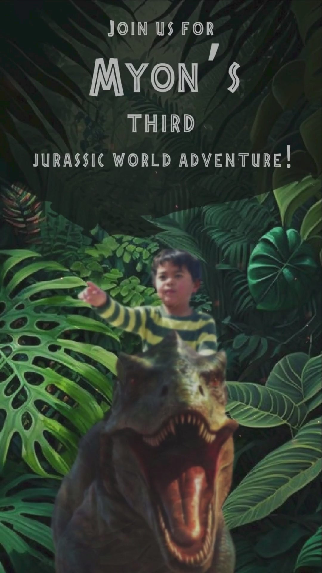 Jurassic World birthday invitation with animated dinosaurs and jungle background