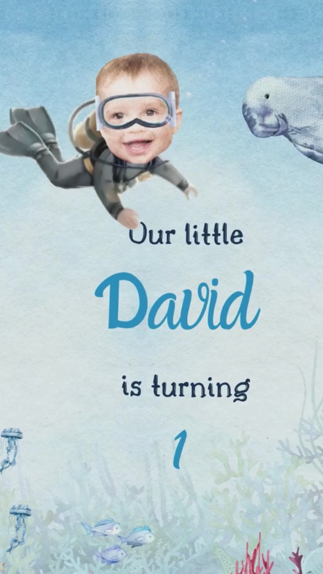Under the sea birthday invitation animated video featuring ocean waves and sea creatures.
