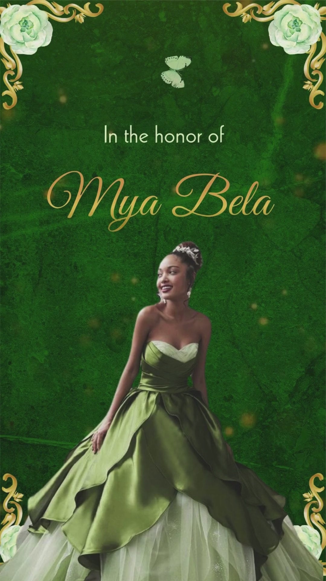 Tiana and the Frog themed animated quinceañera video invitation with custom name and party date