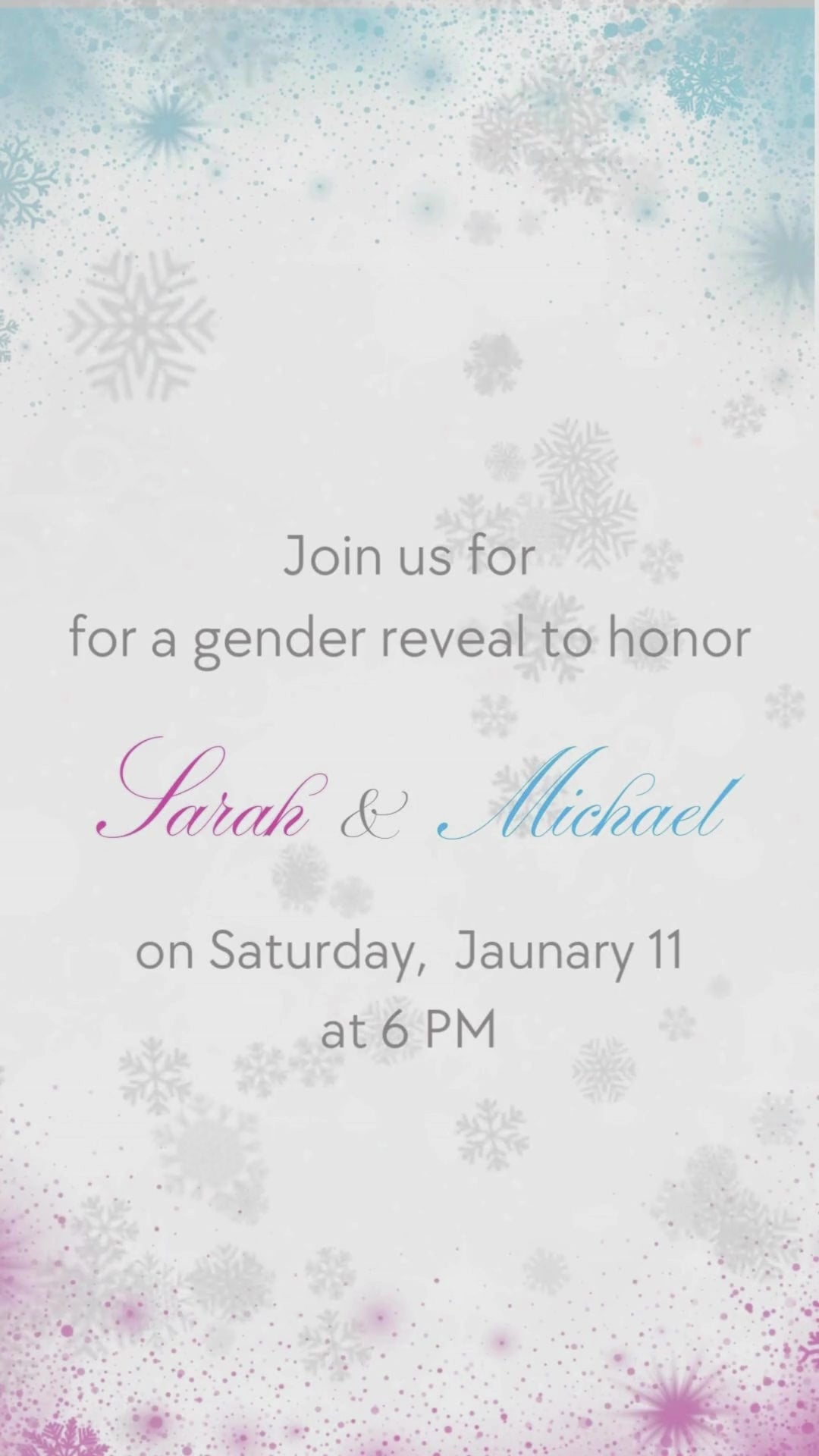 Winter wonderland gender reveal video invitation with falling snowflakes and pink blue theme.
