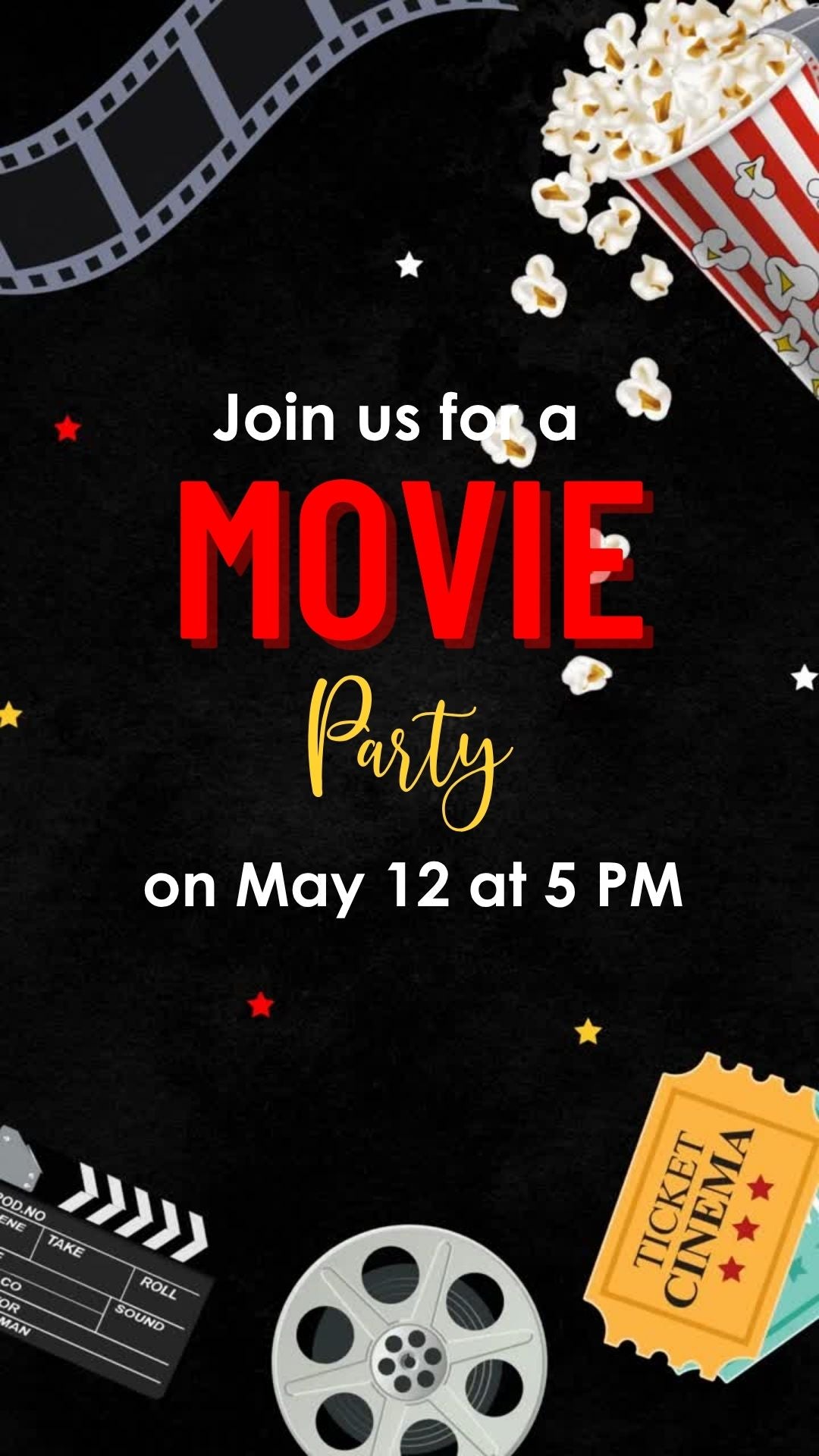 Black & Red Movie Birthday Video Invitation - Movie Night Theme Party Invite | Canva Template | Instant Download