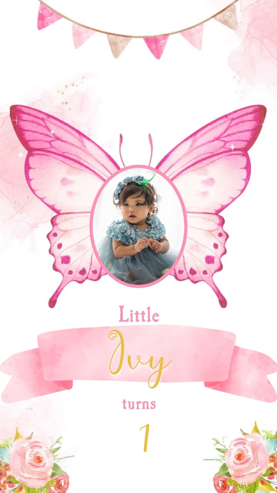 Butterfly birthday video invitation with soft pastel garden theme design