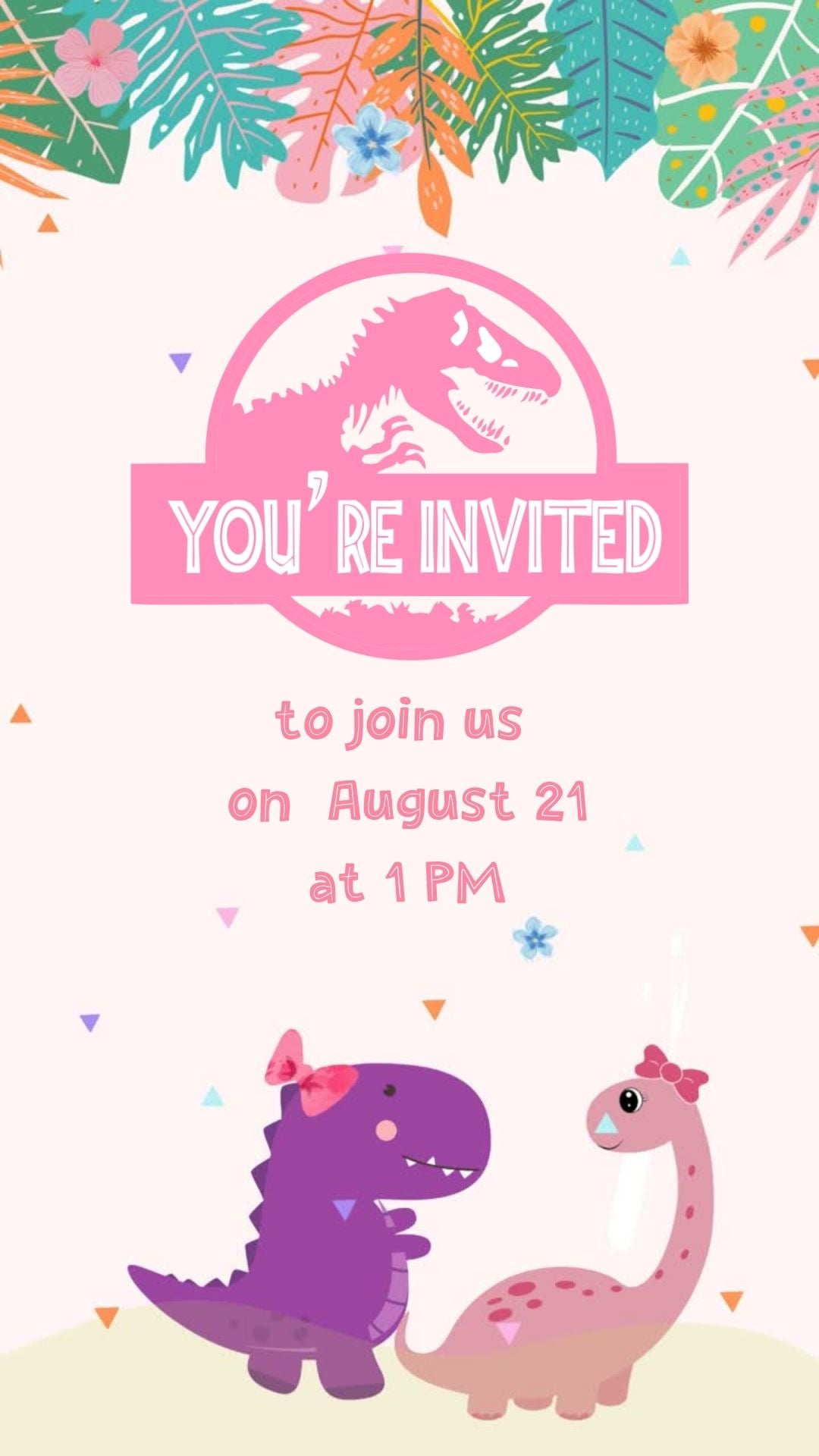 Girl Dinosaur Birthday Invitation – Pink Dino Theme Kids Party Digital Invite | Canva Template | Instant Download