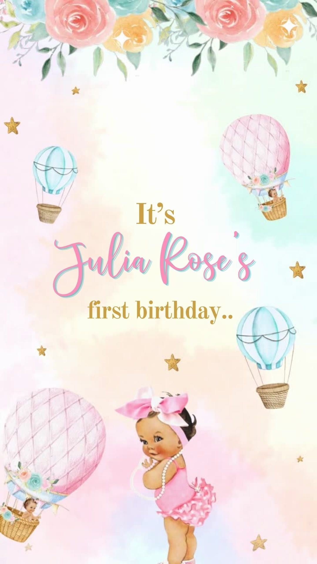 Hot air balloon rainbow birthday invitation with colorful balloons and party theme design