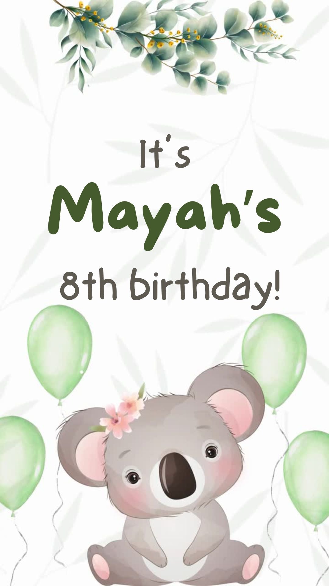 Koala Birthday Video Invitation - Koala Girl Theme Birthday Party Invite | Canva Template | Instant Download