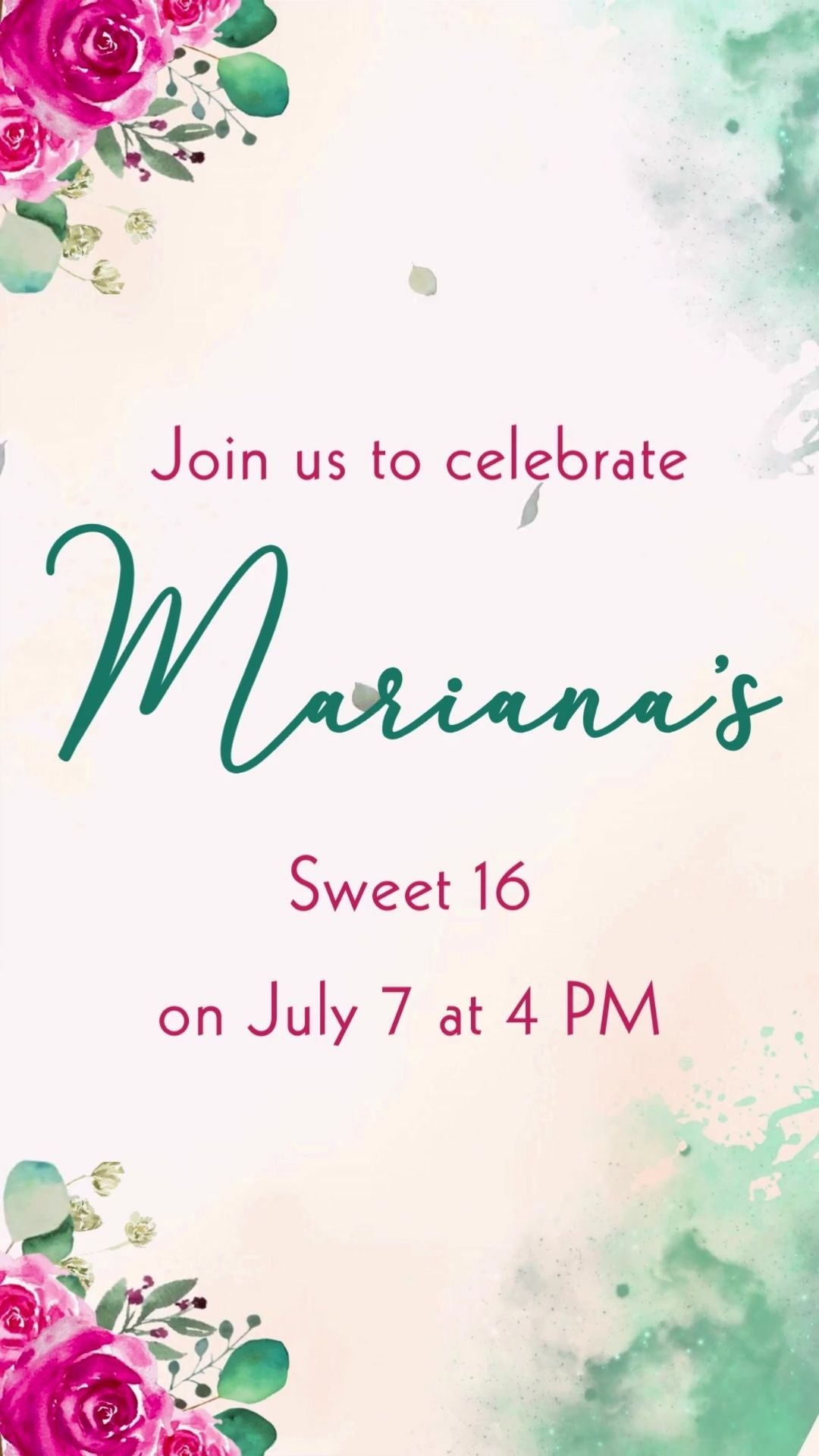 Hot pink flower and emerald green sixteen birthday invitation video with beauty and the beast theme design.