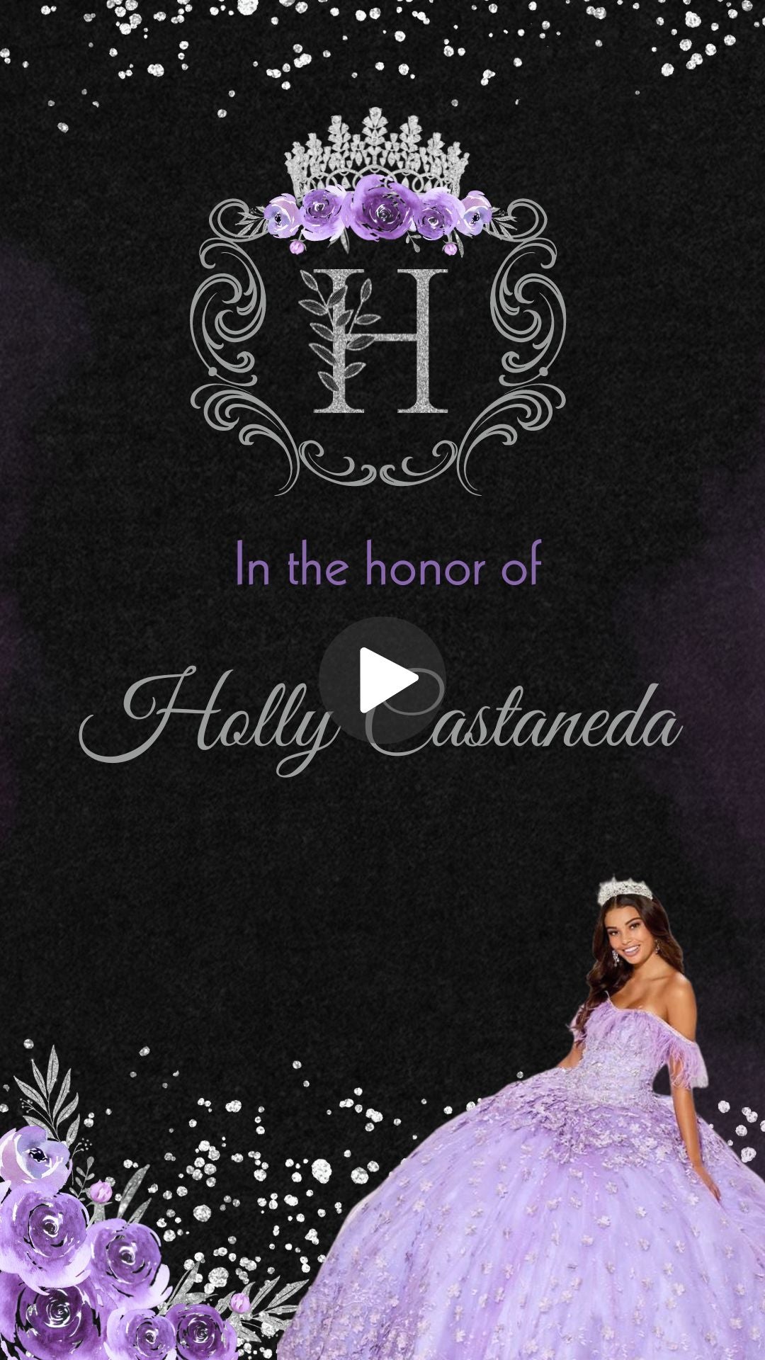 Royal quinceañera video invitation with black, purple, and silver theme and gold accents