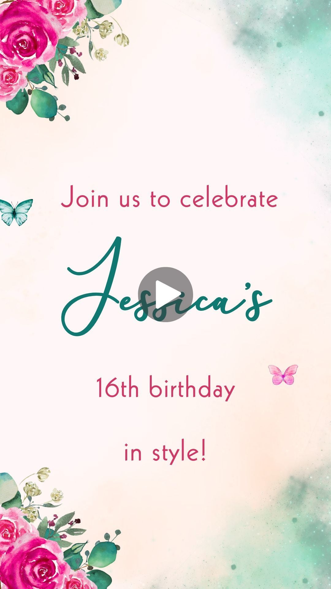 Hot Pink Flower & Emerald Green Sixteen Birthday Video Invitaiton - Hot Pink Flower & Emerald Green Theme Birthday Digital Invite