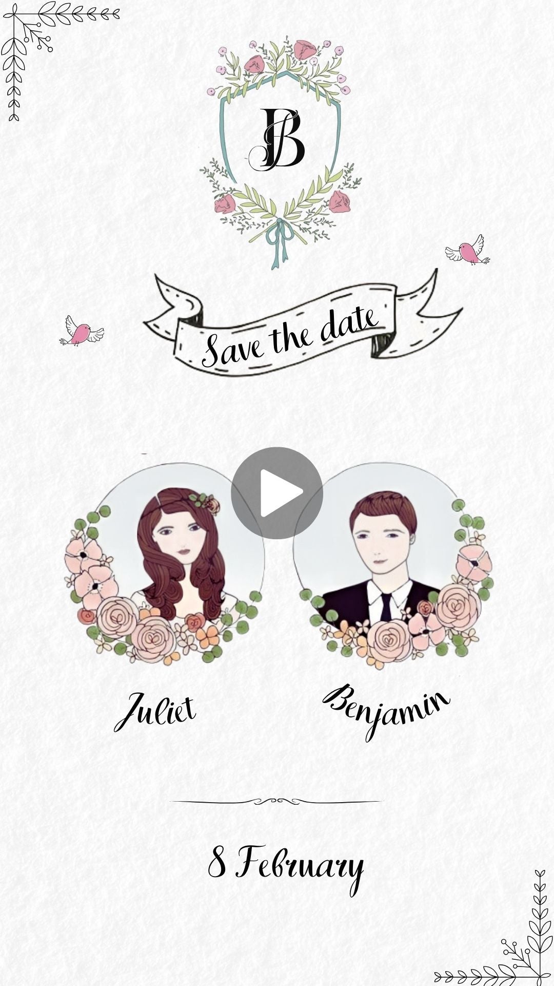 Hand Drawn Vintage Wedding Video Invitation - Vintage Wedding Theme Digital Invite - Save the date