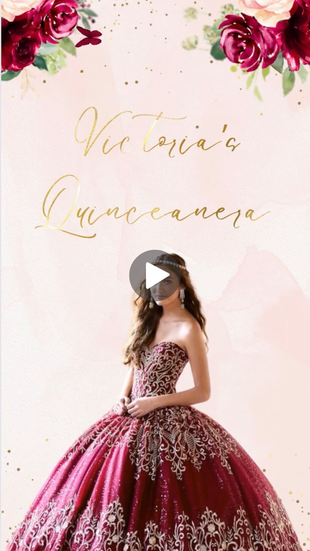 Blush & Burgundy Floral Quinceañera Video Invitation - Blush & Burgundy Floral Quinceañera Theme Quince Años Digital Invite