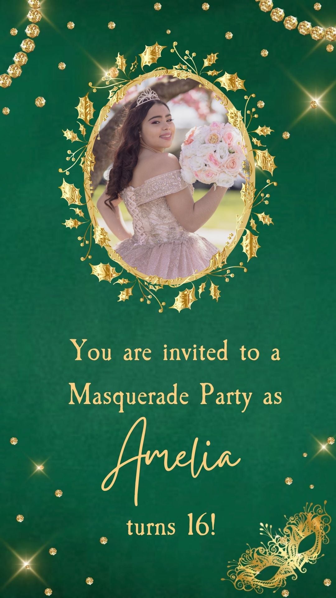 Green Masquerade Sweet 16 Video Invitation - Sweet 16  Quinceañera Theme Invite | Canva Template | Instant Download