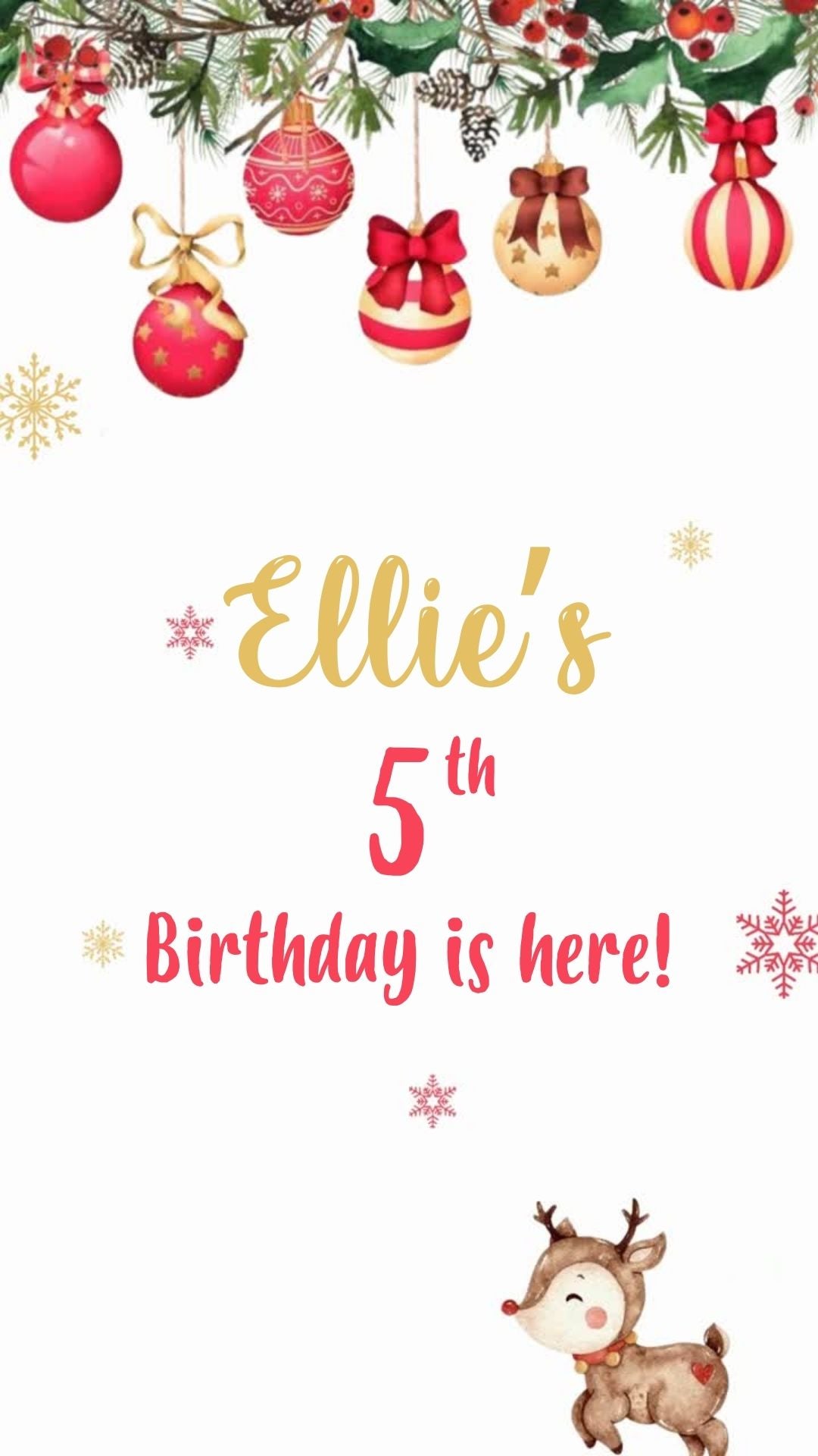 
Reindeer birthday gold invitation with elegant golden holiday theme design