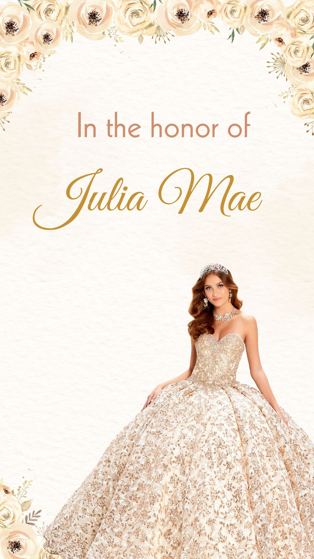 Champagne Cream Gold Flowers Quinceañera Video Invitation - Quinceañera Cream Gold Flowers Theme Digital Invite