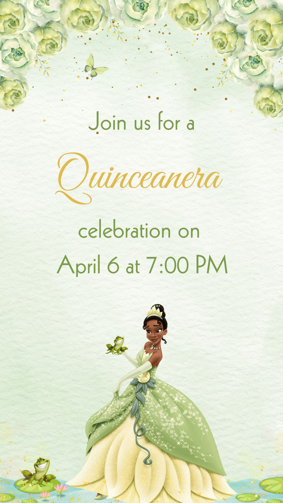 Princess Tiana Mint Green Quinceañera Video Invitation - A Magical Celebration Awaits Quinceañera Invite