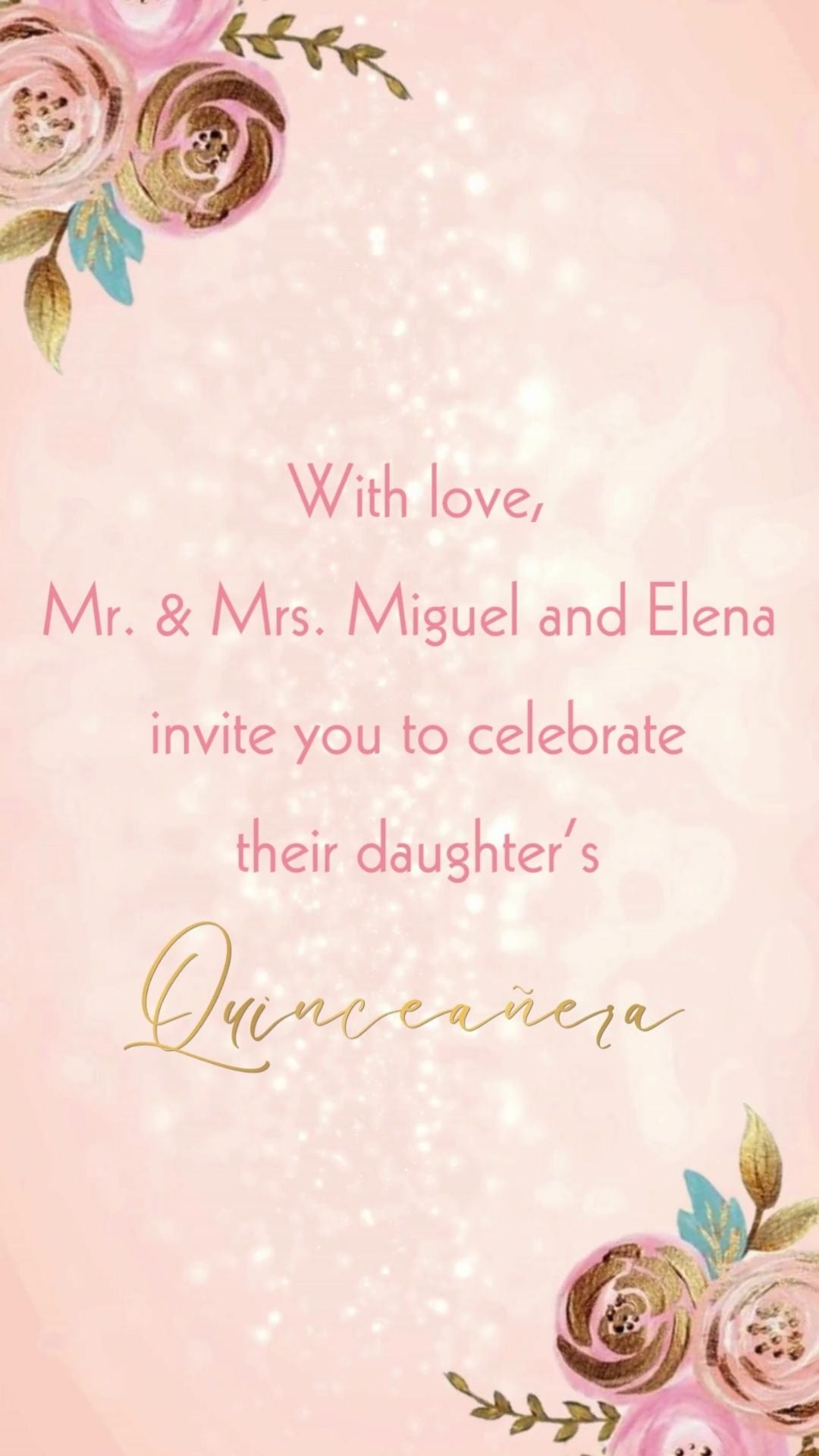 Blush pink quinceañera invitation with flowers and butterflies animation