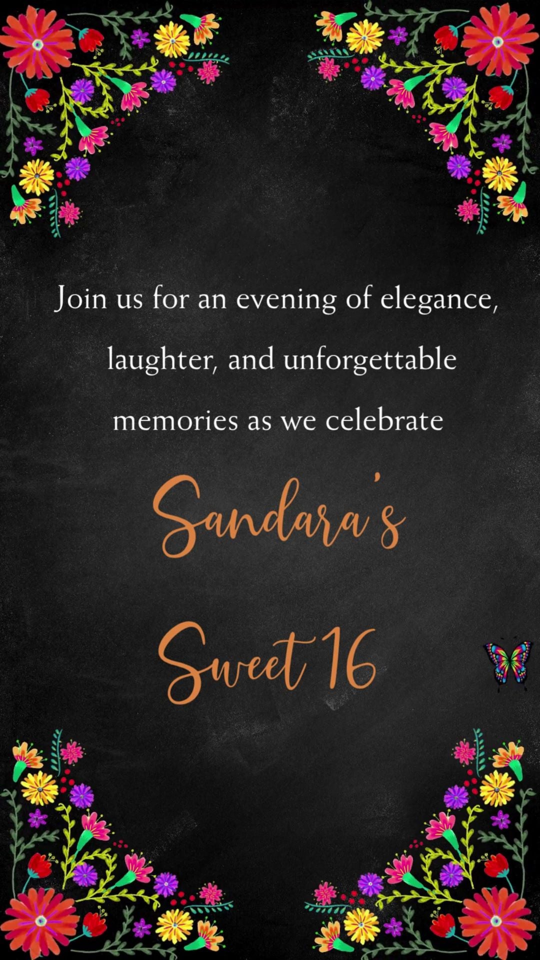 Mexican fiesta floral black Sweet 16 invitation with papel picado and marigold design