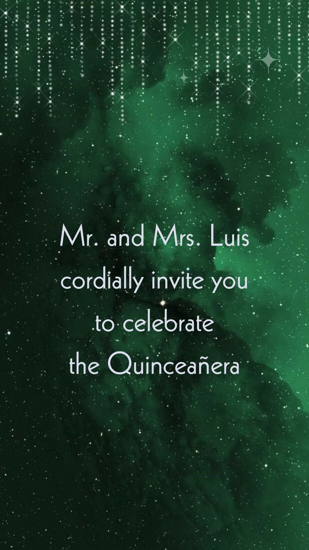Emerald green quinceañera invitation with gold script lettering and floral accents

