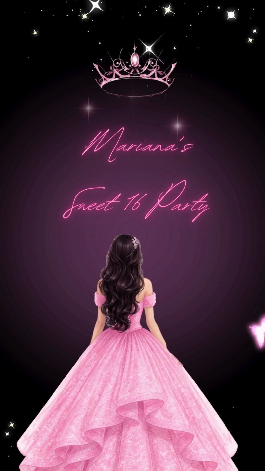 Neon pink glam Sweet 16 video invitation with sparkling crown and princess silhouette