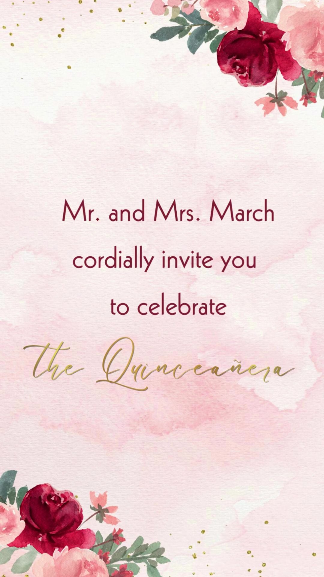 Burgundy floral quinceañera invitation with animated rose border and gold script text