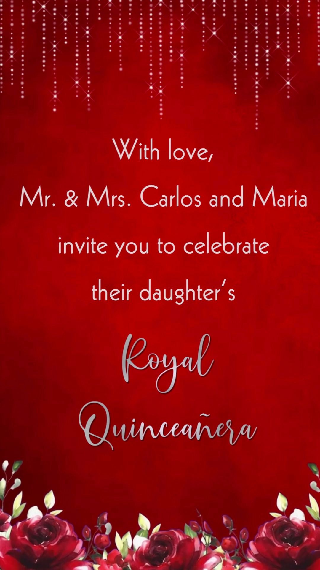 Red and silver Quinceañera video invitation with elegant floral design