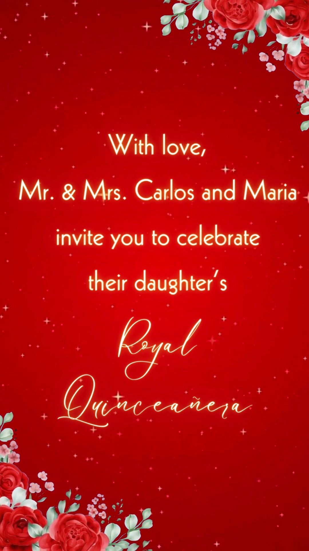 Red & Gold Quinceañera Video Invitation - Red quinceañera invite, Red and gold floral quinceañera video invitation, Red dress princess quinceañera theme| Canva template | Digital invite