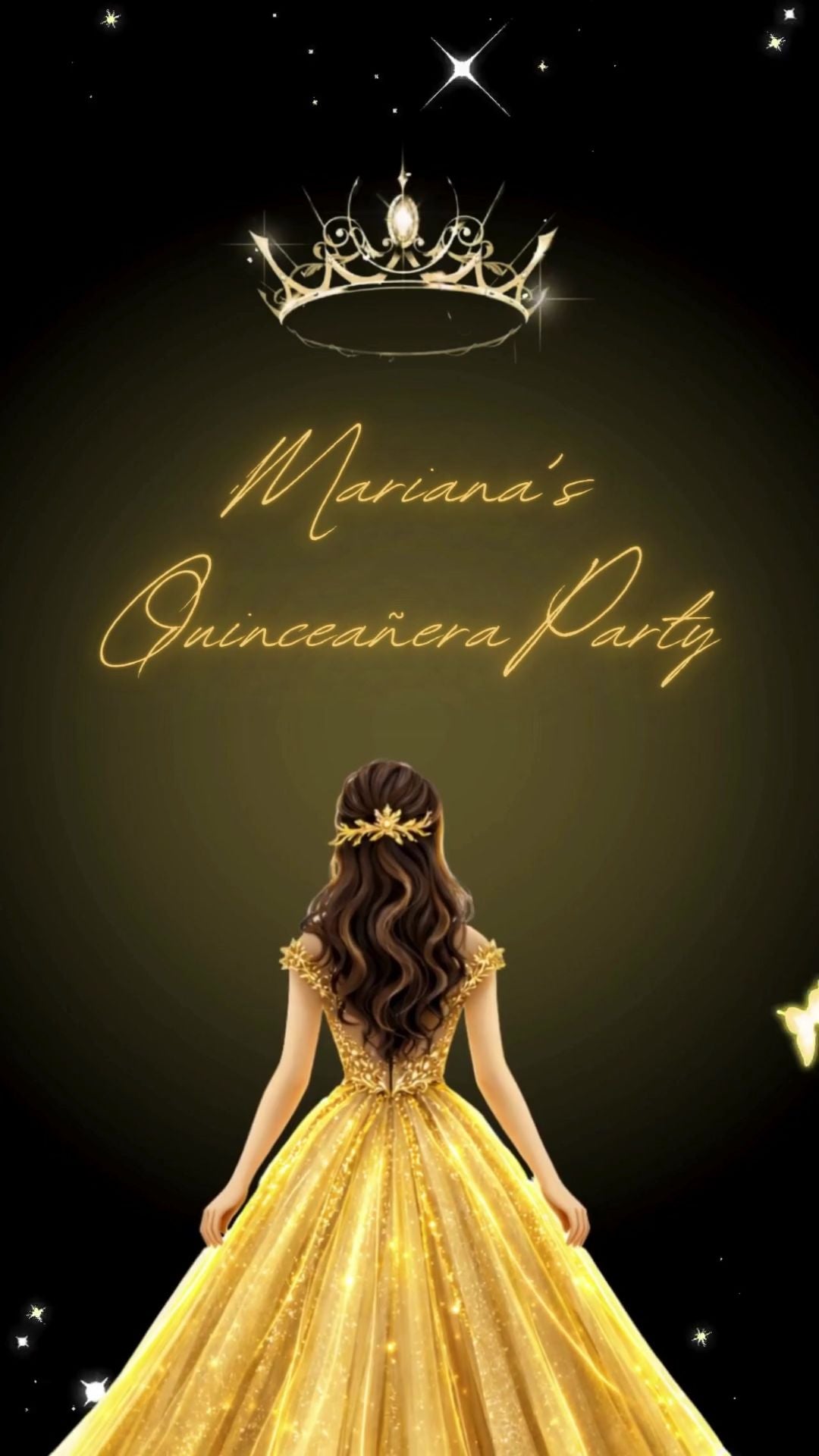 Neon glam quinceañera gold video invitation with animated lights and gold accents