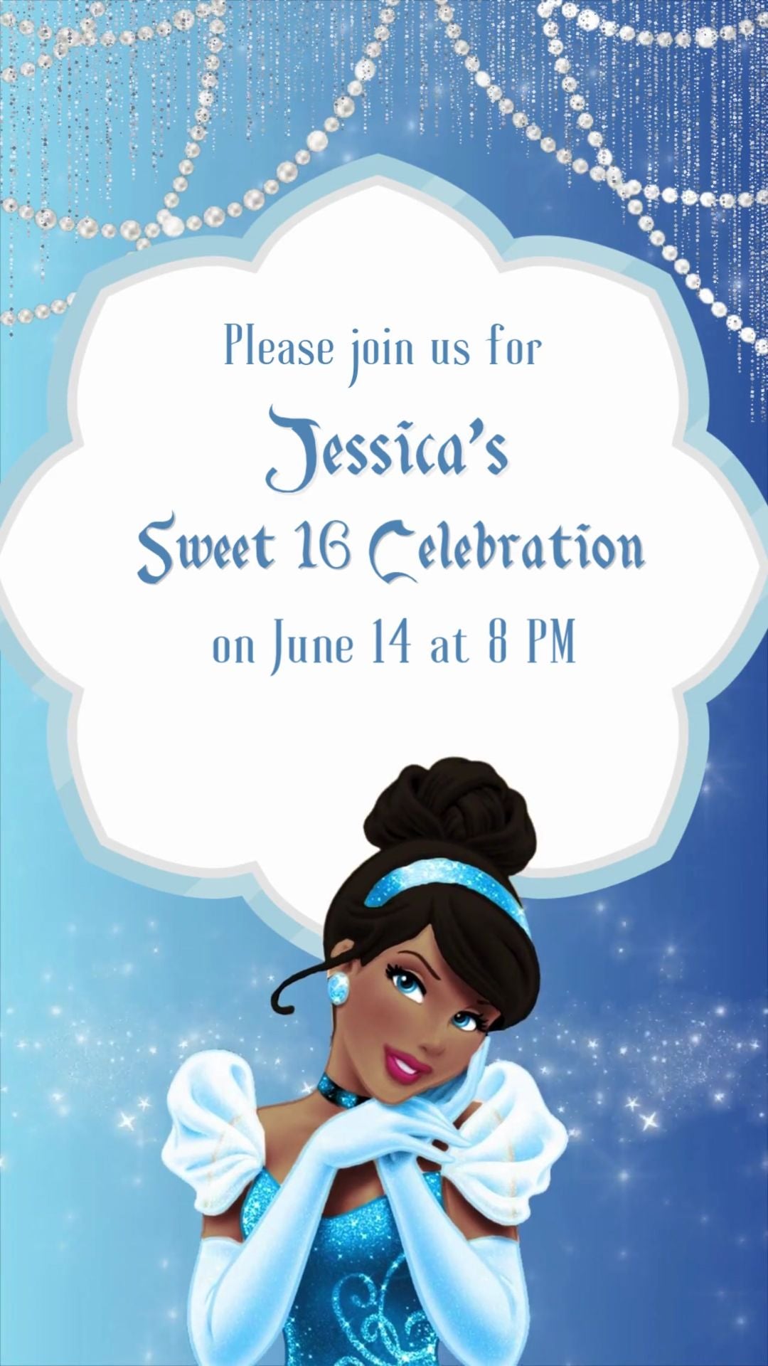 Cinderella Sweet 16 Invitation – Dark Skin Princess Birthday Video Invitation - Cinderella Theme Digital Party Invite | Canva Template | Instant Download