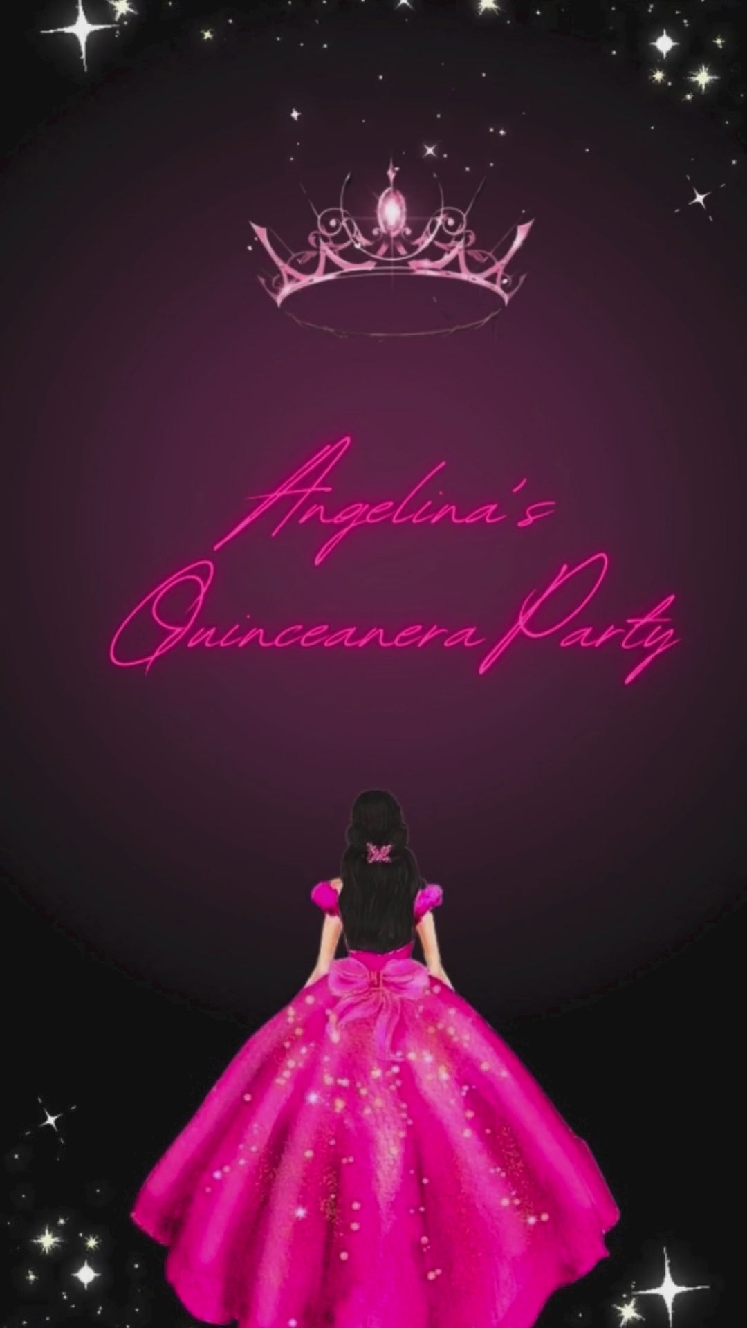 Neon glam quinceañera animated video invitation with glowing pink and purple lights and gold accents
