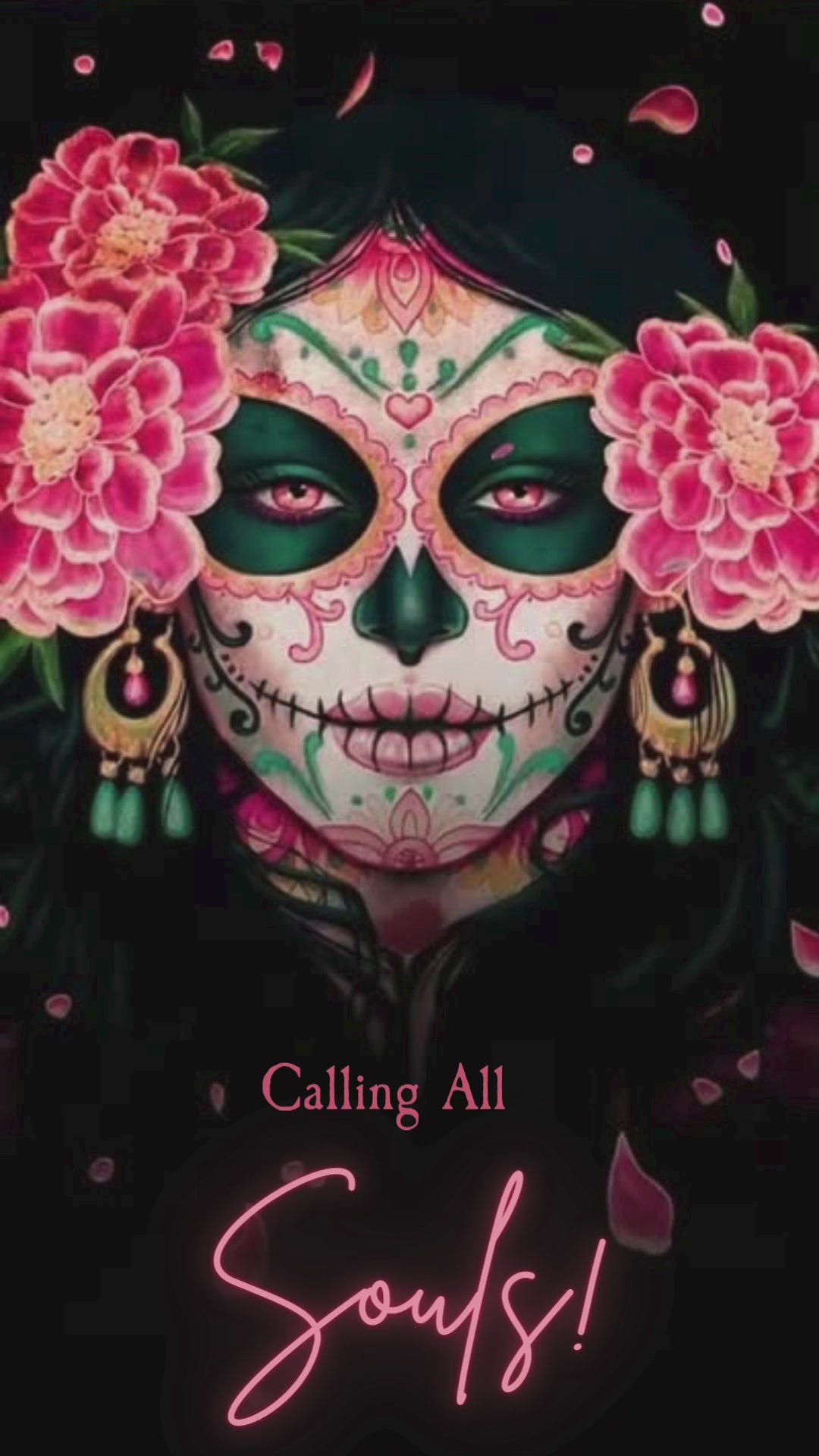 Day of the Dead birthday animated video invitation featuring sugar skulls and marigold flowers