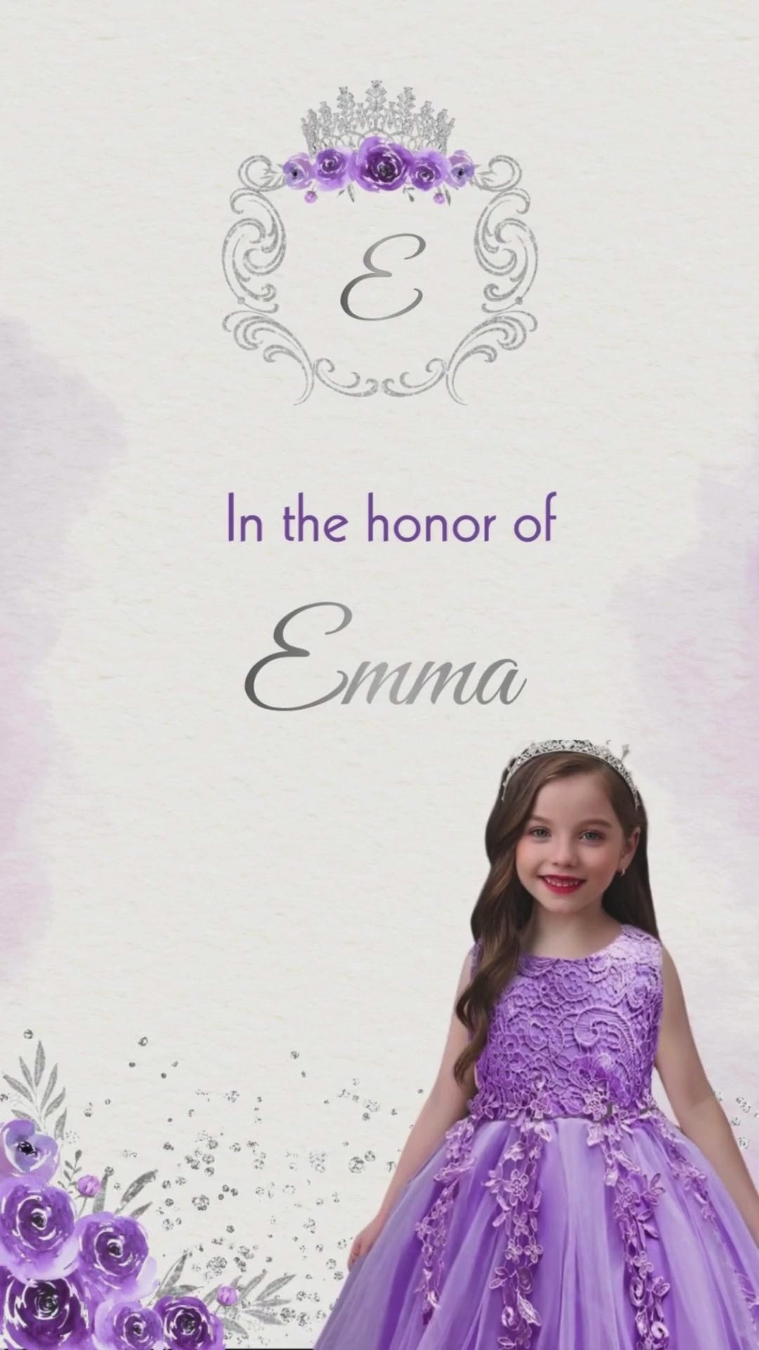 Lavender 5th birthday animated video invitation with purple floral design