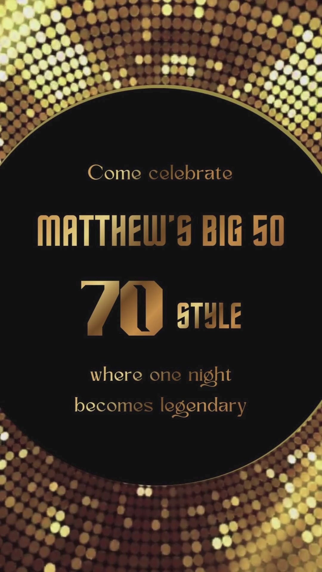 Animated Birthday Video Invitation showing gold disco ball spinning under neon lights with bassline intro