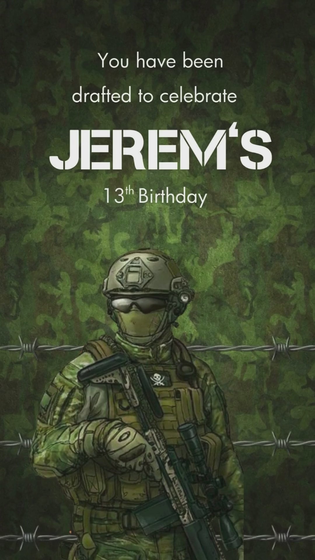 Military birthday invitation video with camo design and dog tags