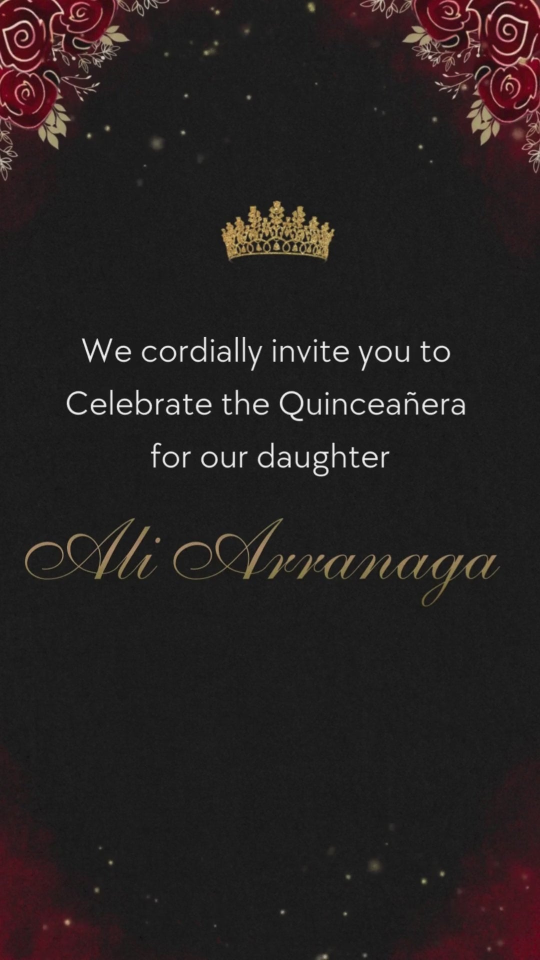 
Western glam cowgirl Quinceañera animated video invitation with rustic gold accents.
