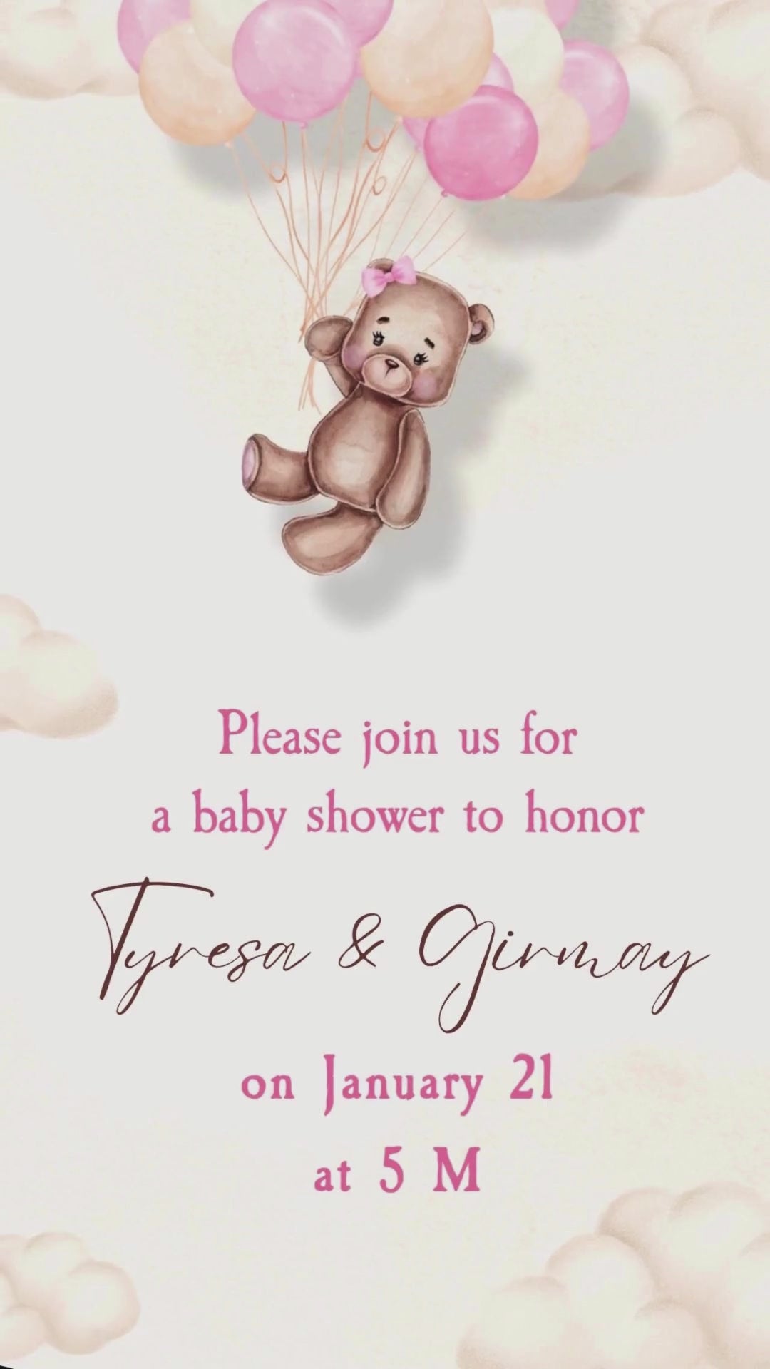Teddy Bear Baby Shower Video Invitation - Teddy Bear Pink Theme Baby Shower Digital Invite