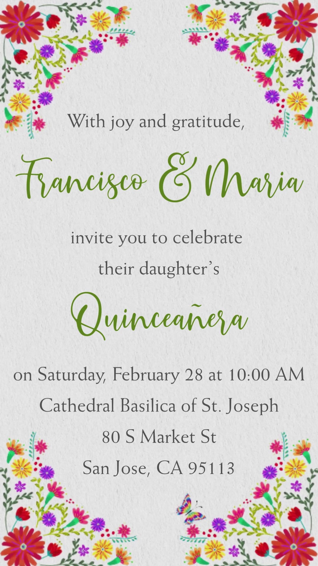 Mexican white floral Quinceañera video invitation with elegant floral animation