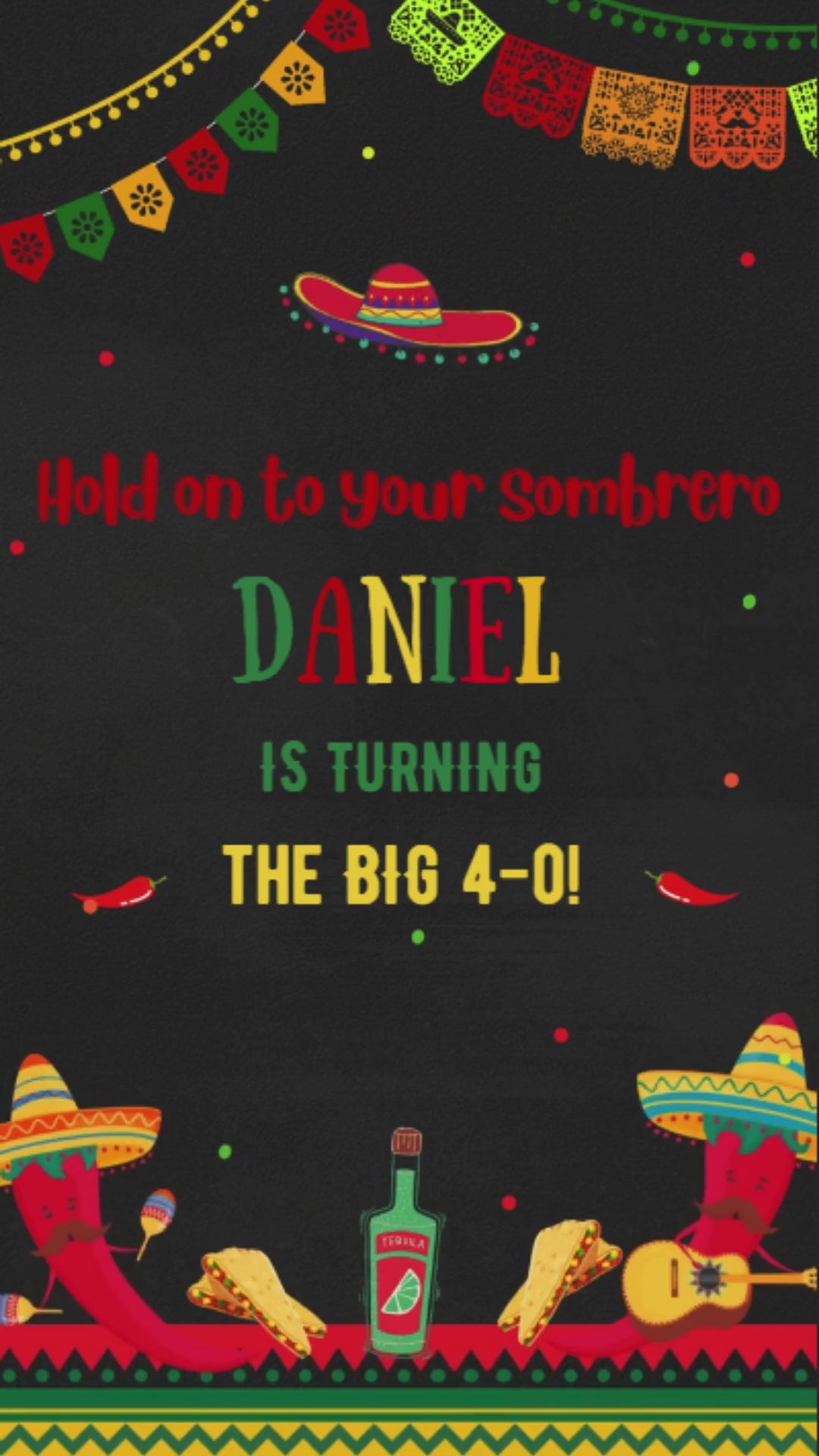 Tacos and tequila birthday video invitation with fiesta theme design and colorful graphics
