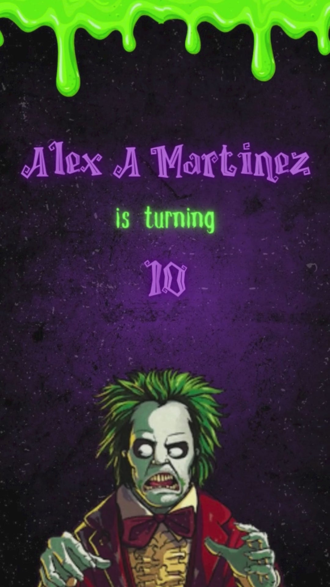 Animated Beetlejuice birthday video invitation template featuring neon green and black stripes, spooky text, and eerie music for a Halloween party.