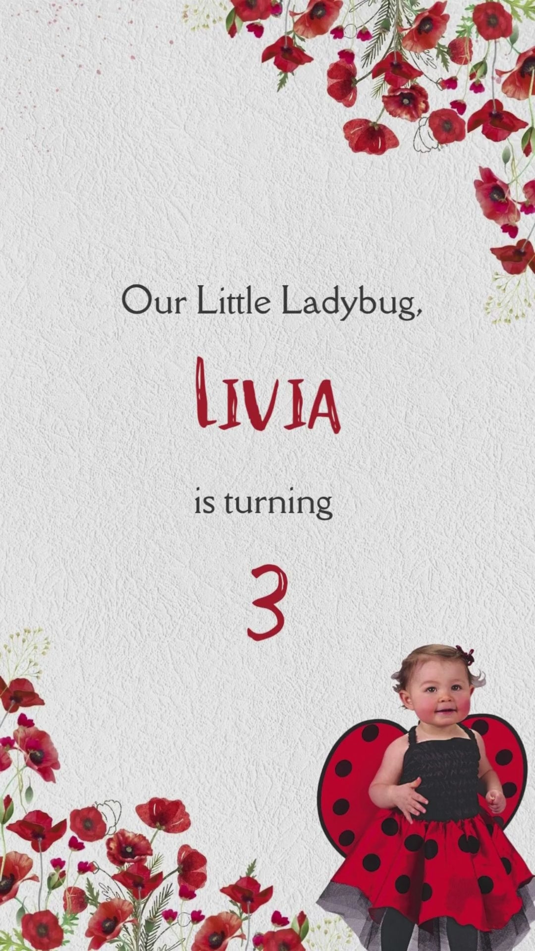 Ladybug & Poppy Seed Flowers Birthday Video Invitation - Ladybug Theme Digital Birthday Party Invite