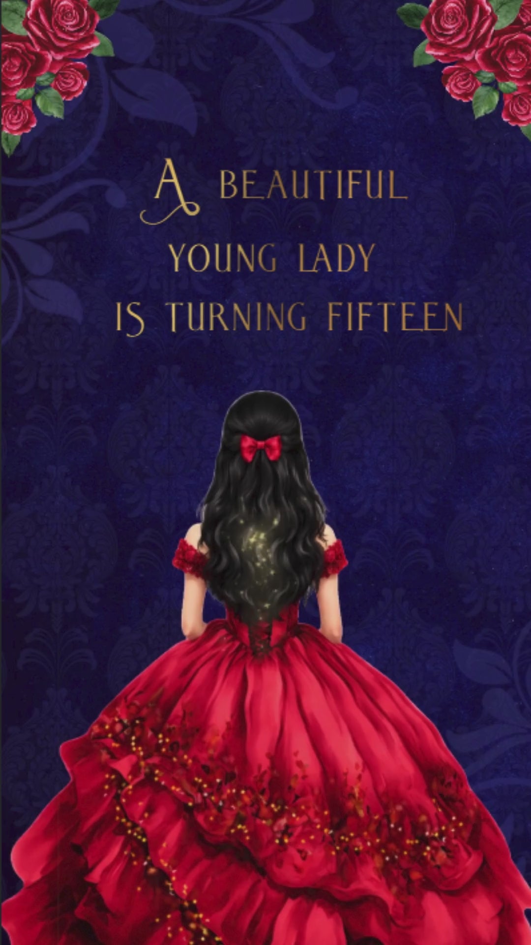 
Beauty and the Beast quinceañera video invitation with golden rose and castle ballroom.