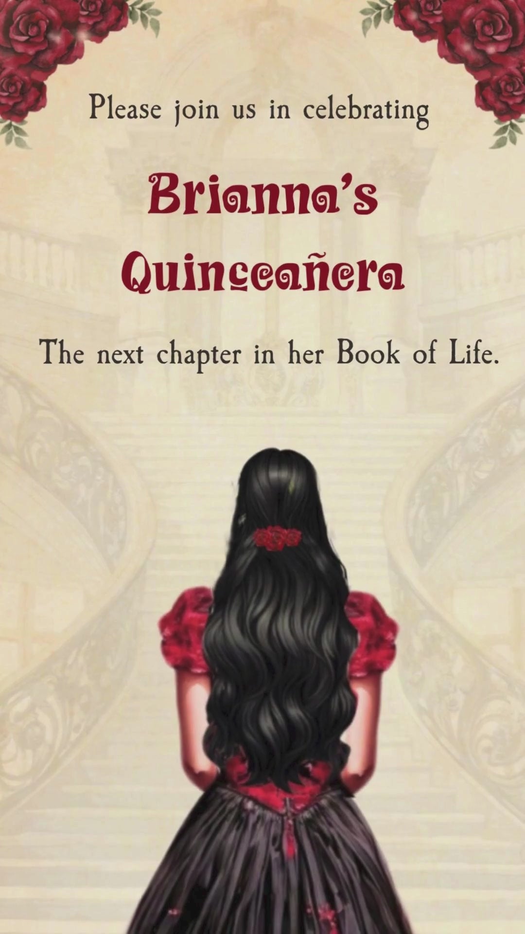 Elegant black and red floral quinceañera animated video invitation