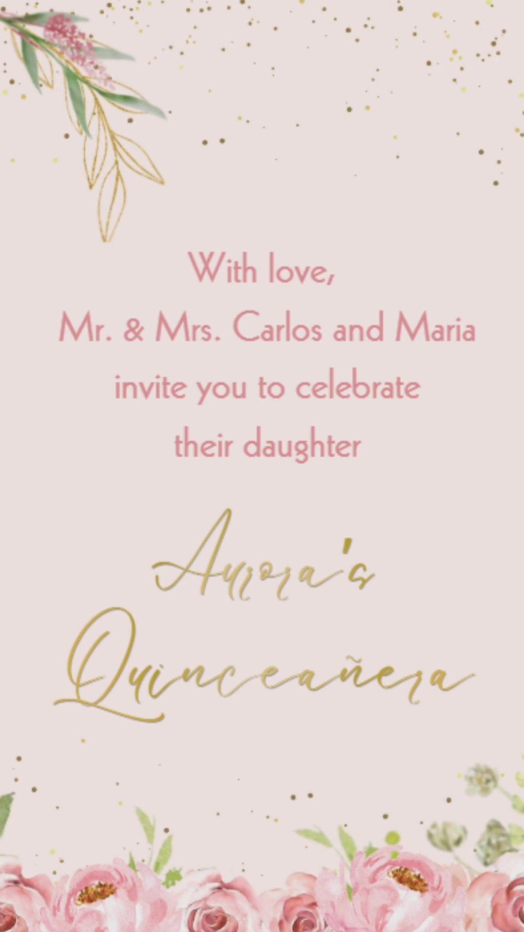Blush pink quinceañera video invitation with gold script and floating petals